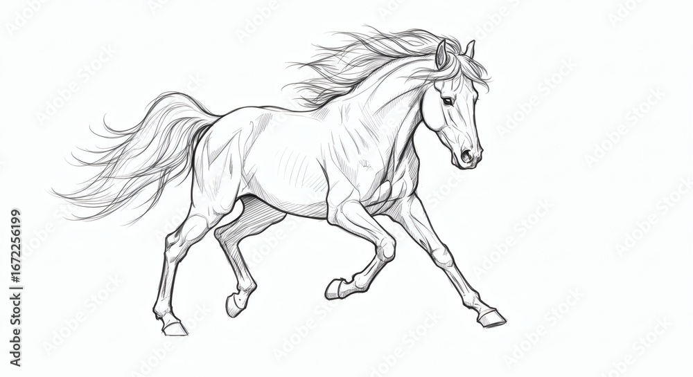 Obraz premium A beautiful and dynamic sketch of a majestic horse in motion, capturing its power and grace through detailed drawing