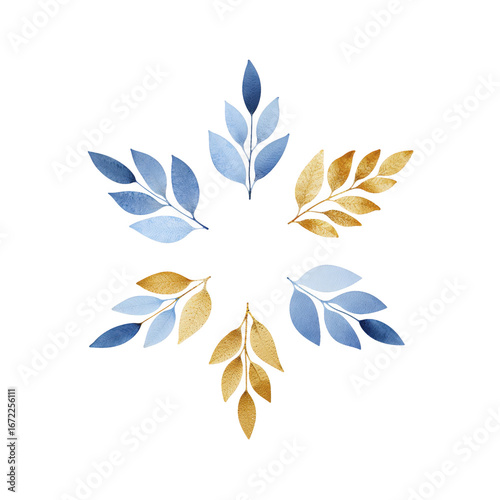 Watercolor Blue and Gold Leaves Wreath Hanukkah Illustration