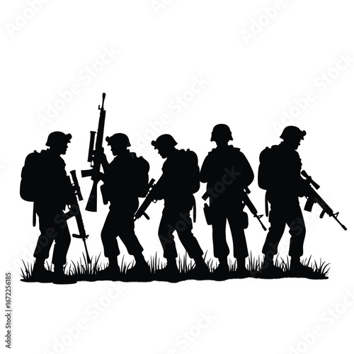 Five soldiers in silhouette holding rifles standing in grass