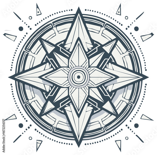 Stylized Ornate Compass Rose Illustrating Direction and Navigation with Geometric Design
