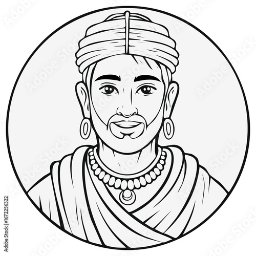 Stylized Portrait of a Man in Traditional Headwear and Ornate Necklace