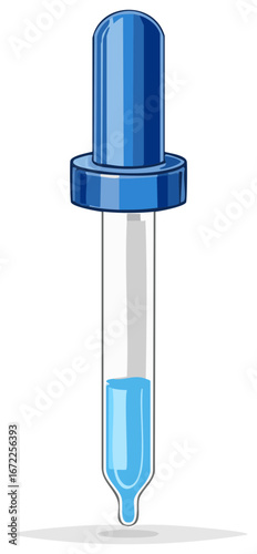 Illustration of a blue eye dropper containing a blue liquid in a medical laboratory setting