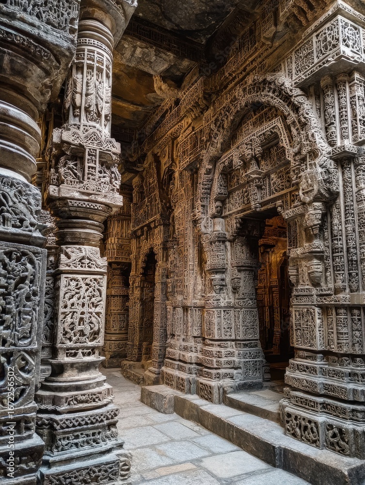 Obraz premium ancient indian temple features detailed stone carvings on walls intricate basrelief sculptures showcase hindu religious art architecture brown sandstone masonry displays historical ornaments