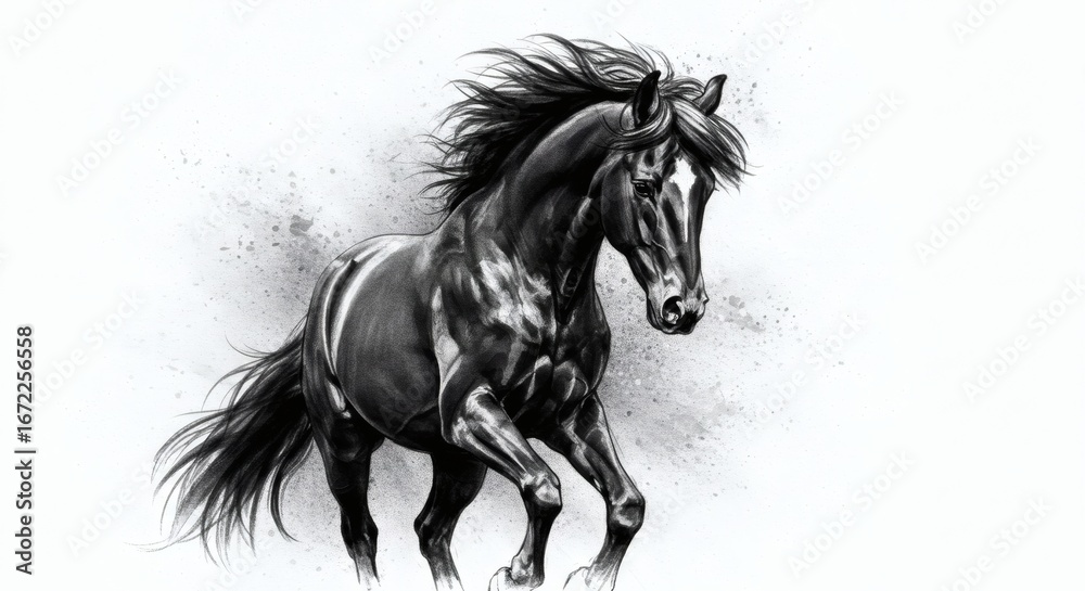 Fototapeta premium Dynamic Horse Drawing A Majestic Black Stallion in Motion, Captured in Artistic Detail