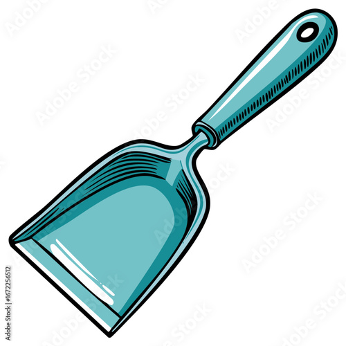 Aqua blue dustpan with handle graphic illustration, domestic cleaning tool