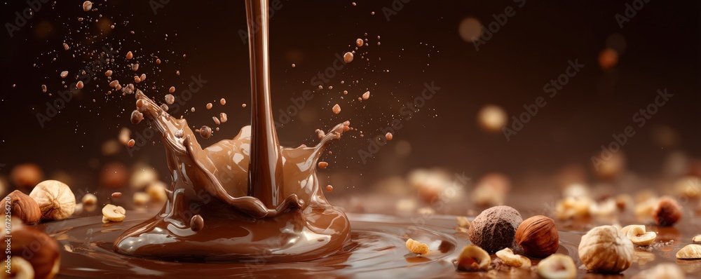 Fototapeta premium Melted chocolate pouring with hazelnut pieces