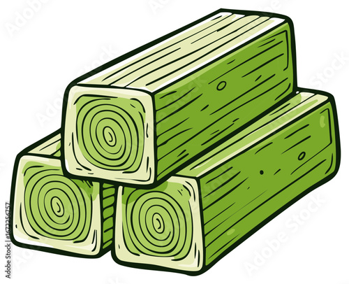Stacked Green Bamboo Sections with Spiral Cut Ends