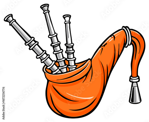 Colorful illustration of a traditional Scottish bagpipe musical instrument.