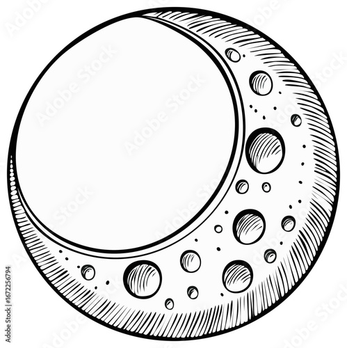 Hand drawn crescent moon illustration with craters and texture