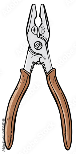 Cartoon illustration of open pliers with brown handles and gray metal components, tool for DIY projects or maintenance