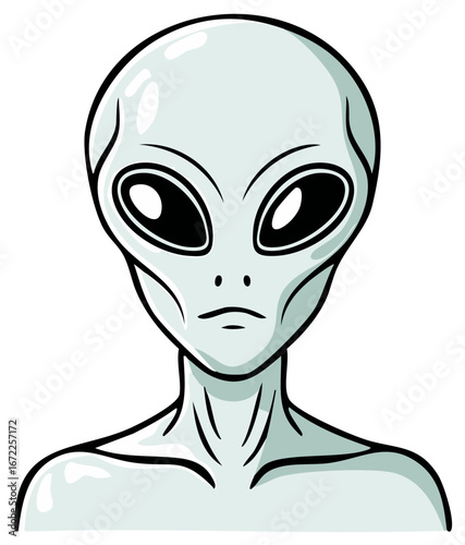 Grey extraterrestrial alien head and shoulders illustration with large dark eyes