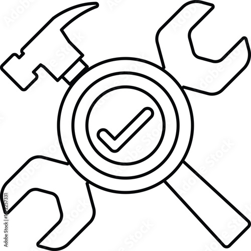 A black and white drawing of a hammer, wrench