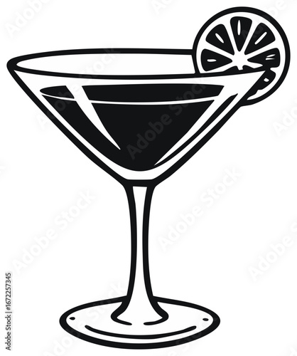 Elegant Martini Glass with Citrus Slice, Black and White Graphic Illustration