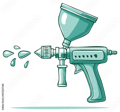 Illustration of spray gun with paint droplets and water drops, isolated design.