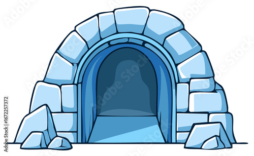 Cartoon illustration of a mysterious arched entrance to an ice cave