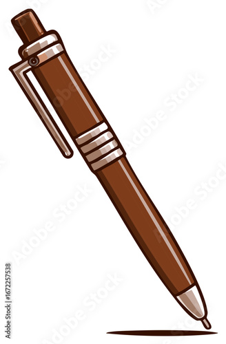 Stylized brown ballpoint pen illustration drawing a simple line for writing, education, and creative projects concept