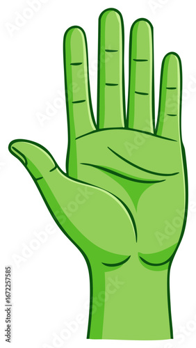 Cartoon green alien hand showing palm and open fingers
