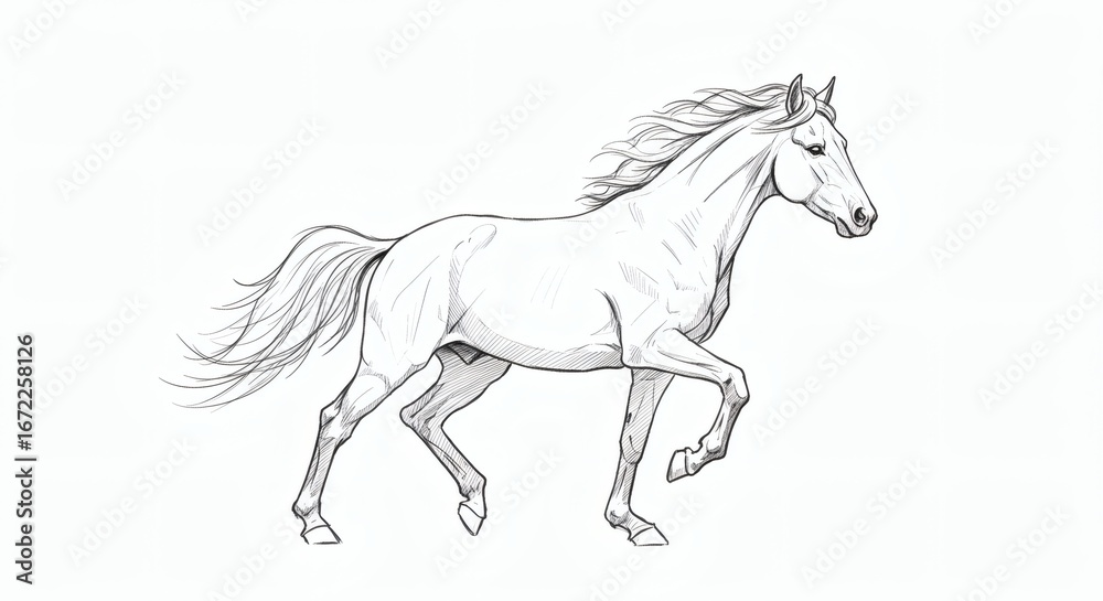 Fototapeta premium Graceful Horse Drawing of a prancing stallion, a hand-drawn pencil sketch illustration on a clean white background