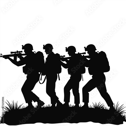 Four soldiers in silhouette advancing with rifles military