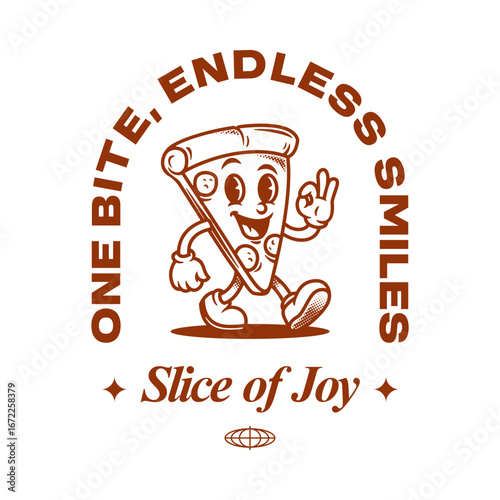 Funny pizza slice cartoon mascot with smiling face, retro vector illustration for food and restaurant design