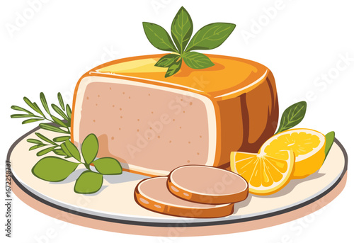 Gourmet Meat Terrine Loaf Sliced with Fresh Herbs and Lemon Garnish