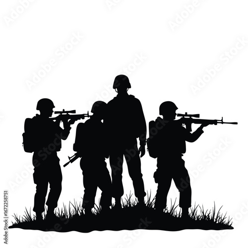 Four soldiers in silhouette aiming rifles on grassy ground