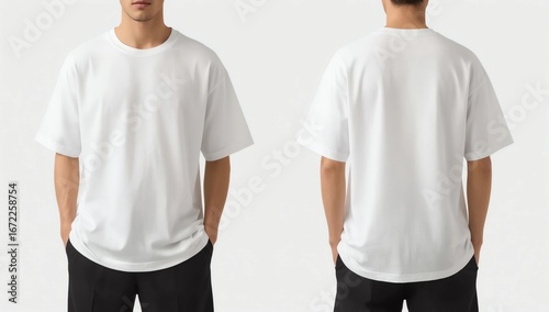 Wallpaper Mural Young man in blank oversize t-shirt mockup front and back used as design template, isolated on white background with clipping path Torontodigital.ca