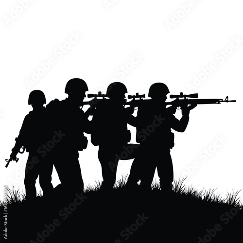 Four soldiers in silhouette aiming rifles on grassy terrain