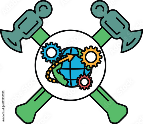 A hammer and anvil with a globe in the middle