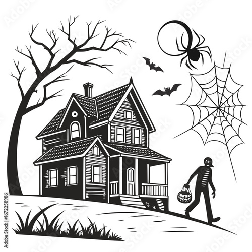 Haunted House. Pen and ink illustration of a Halloween haunted house, Zombie, spider, bats and web. Check out my "Halloween Horror Vector" light box for more.vector illustration of coloring page black