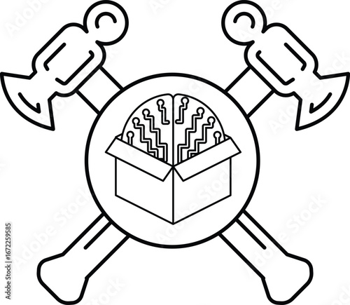 A skull with a box on it and a hammer and a wrench