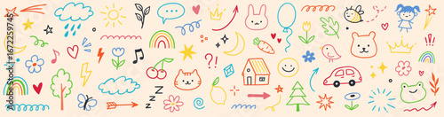 Kid icon hand drawn set. Cute flower, heart, cloud and tree icon with playful kid sketch style. Summer hand drawn pattern cartoon bird, doll, house and sweet plant element. Vector illustration