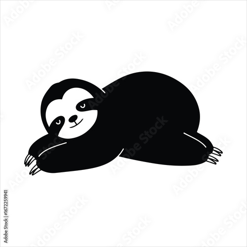 Cute black and white drawing of a lazy sloth resting peacefully on its side