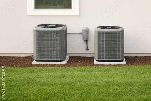 Two air conditioning units mounted on a house exterior.