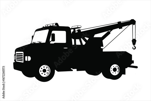 Silhouette of a black tow truck with a raised boom and hook ready for service
