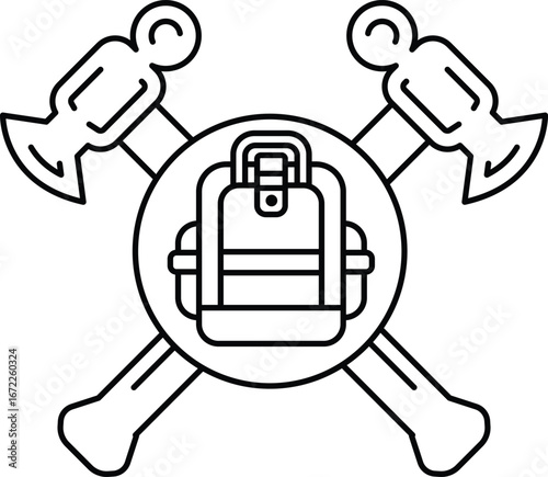 A black and white drawing of a hammer and an axe with a backpack in the middle