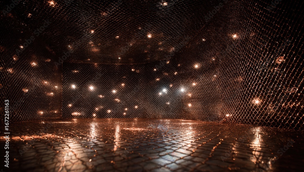 Fototapeta premium Interior view of a dark, copper-toned room with a mesh wall and lights