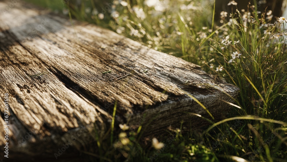 Fototapeta premium Weathered wooden plank amongst wildflowers