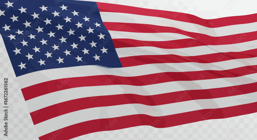 Obraz premium Waving american flag illustration with stars and stripes on transparent background