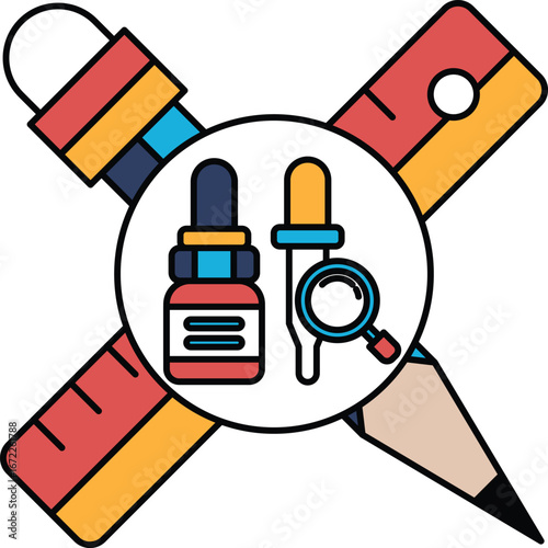 A stylized drawing of a pen, ruler, and a bottle of medicine