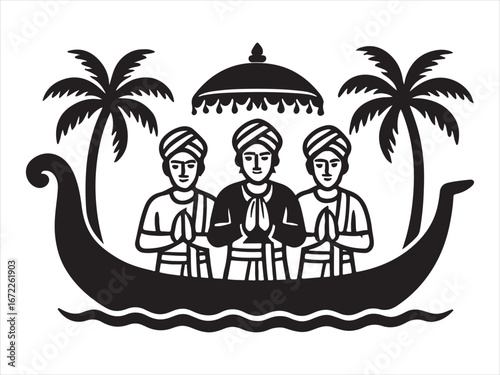 Three figures in traditional attire on a boat with palm trees