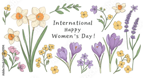 Illustration of flowers with text International Happy Women's Day greeting card