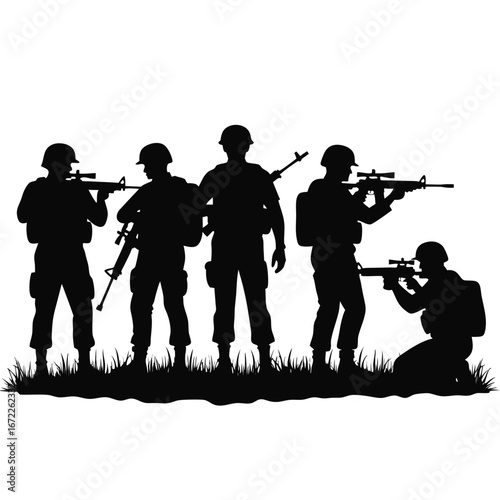 Silhouette soldiers with rifles in combat formation on grass