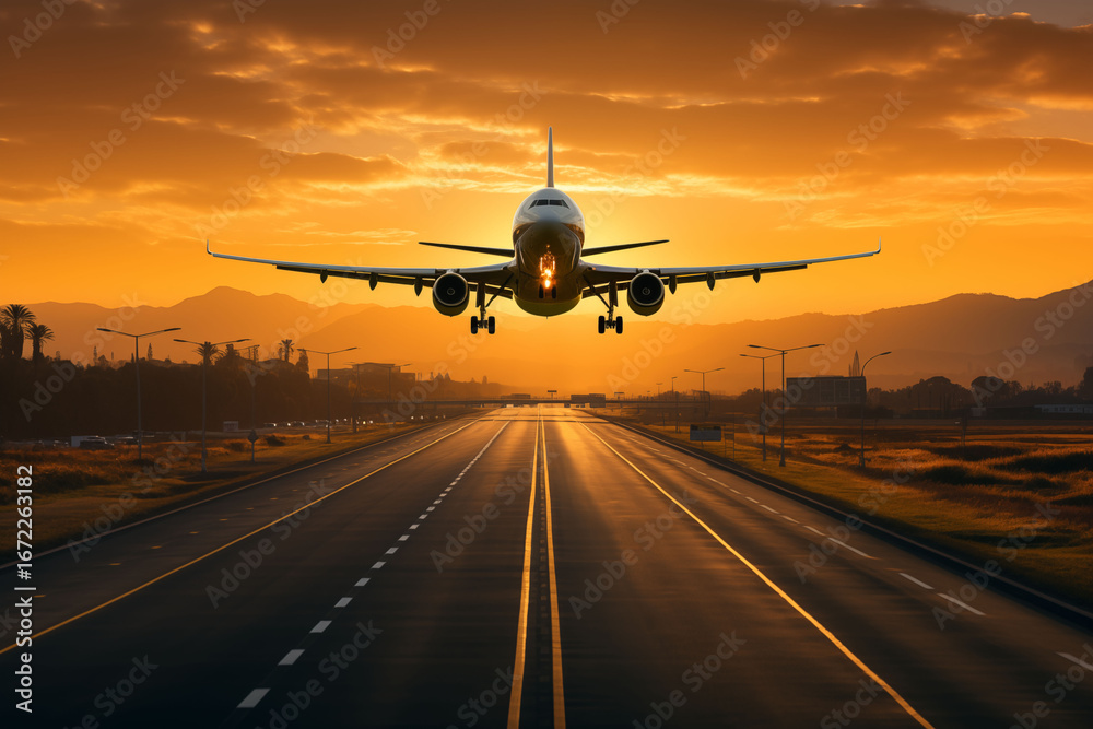 Fototapeta premium airplane landing at sunset