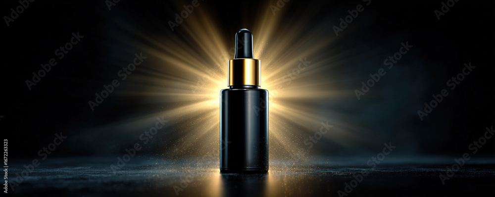 Fototapeta premium Sleek serum bottle stands prominently against dark background, illuminated by radiant glow that highlights its elegant design. dropper cap adds touch of sophistication, creating captivating visual