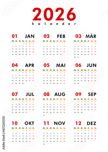 Colorful minimalist 2026 A4 vertical German calendar, monthly tables with dates, Monday week start