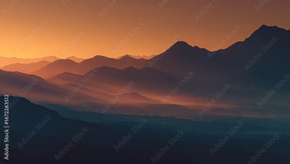 Obraz premium and keyword list for the imageMountains Emerge From Fog as Sun Sets, Painting the Sky With Warm Orange Hues