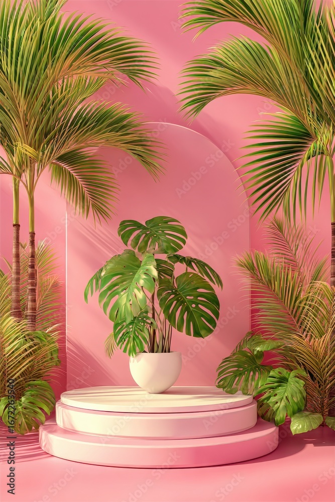 Fototapeta premium Minimal pink wall decor featuring white pot and tropical greenery