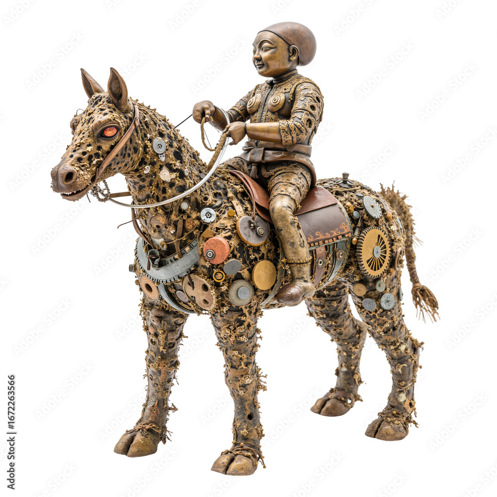 Fototapeta premium Sculpture of a rider on a horse made of steampunk gears and metal 
