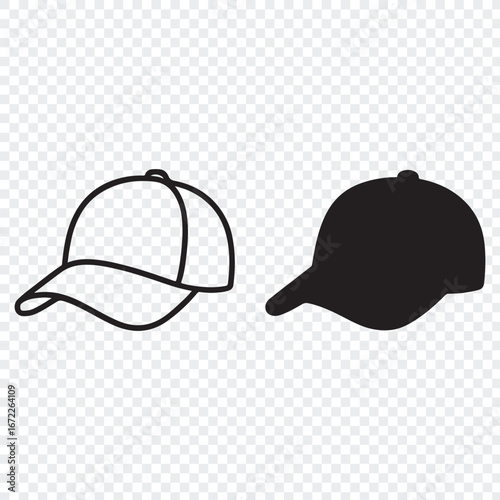 Minimalist Baseball Cap Icons – Line Art and Silhouette Vector Set for Sportswear Branding and UI Design,  sports cap, headwear, hat icon, cap vector, fashion accessory, casual wear, sportswear, 